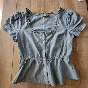 Madewell Womens Blue Short Sleeve Button-Down Peplum Top S Cotton Blend Denim Ru